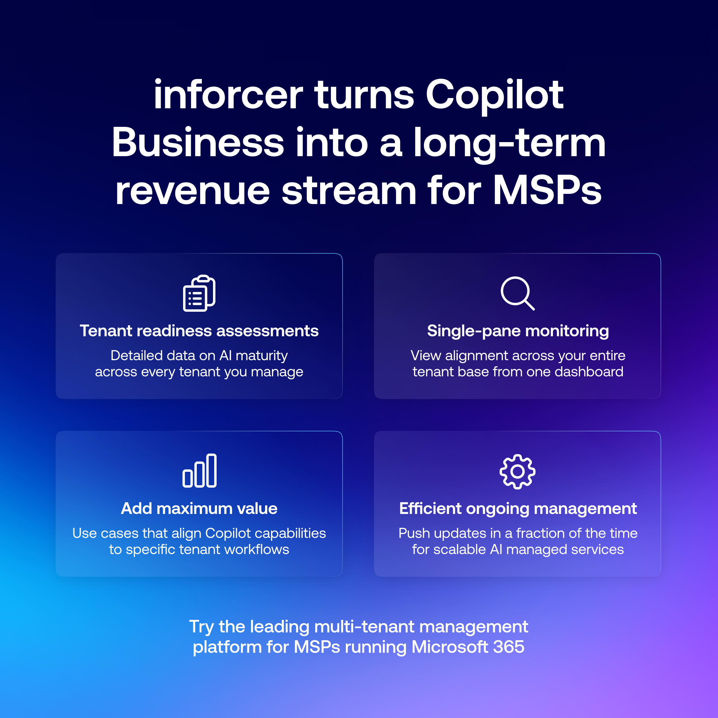 Graphic showing how inforcer helps MSPs unlock long-term revenue from offering Copilot Business to tenants at scale