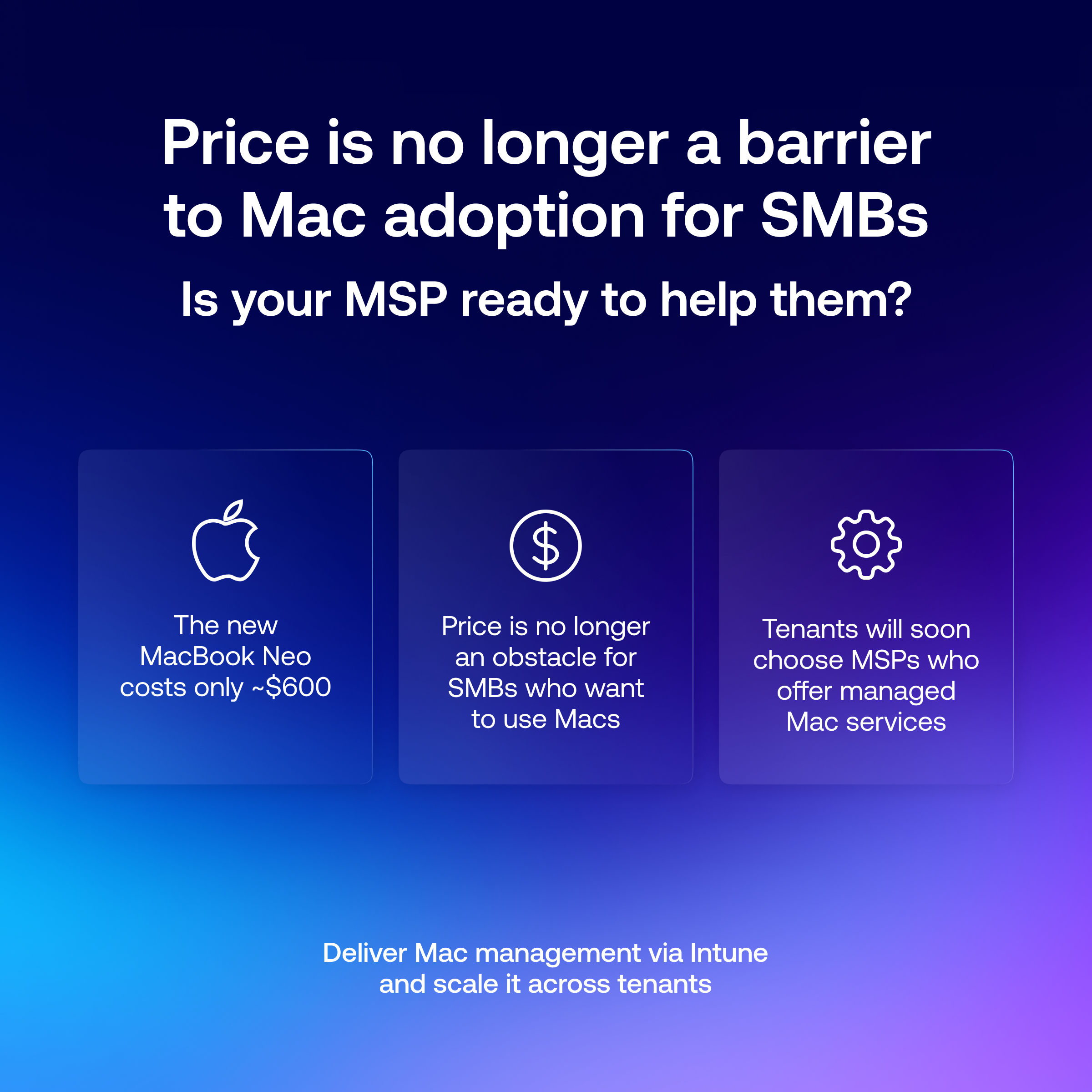Infographic using icons to explain how new MacBook Neo removes barriers to entry into ecosystem for SMBs